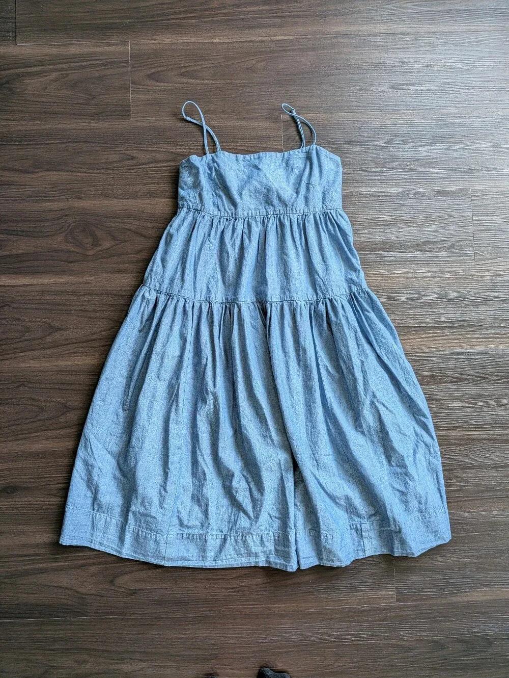 J. Crew Tie Back Tiered Chambray Blue Cotton Midi Dress 4 Boho Beach Cottagecore